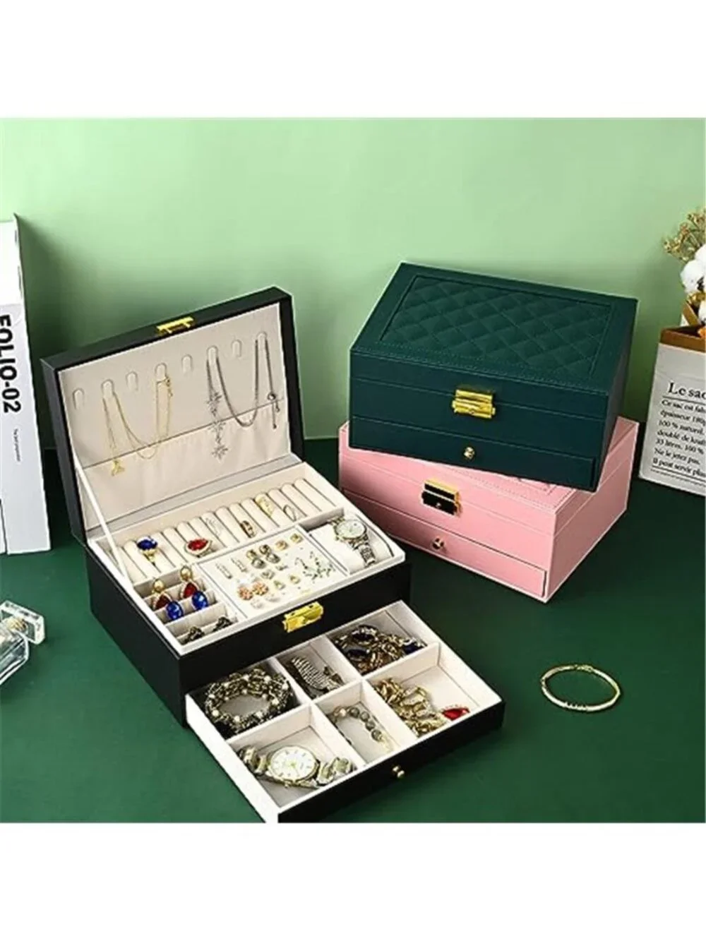 Large Black Jewelry Box Organizer Case Two Layer Storage Earrings Rings Necklace